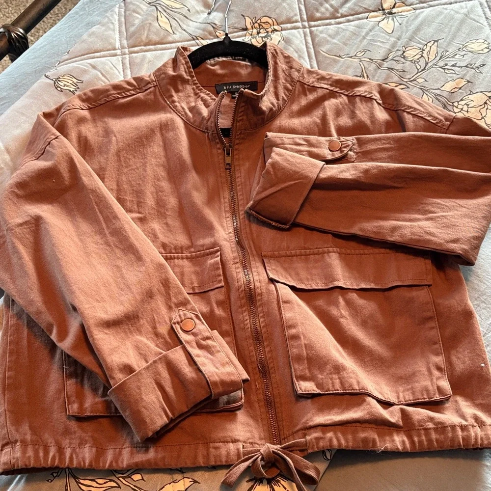 Blu Pepper Oversized Utility Zip-Up Jacket Dark Tan Size S - Picture 2 of 11